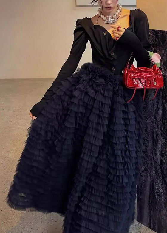 Black High Waist Solid Tulle Maxi Skirts Ruffled
