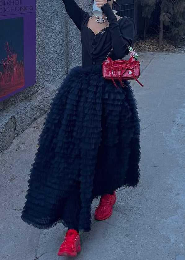 Black High Waist Solid Tulle Maxi Skirts Ruffled