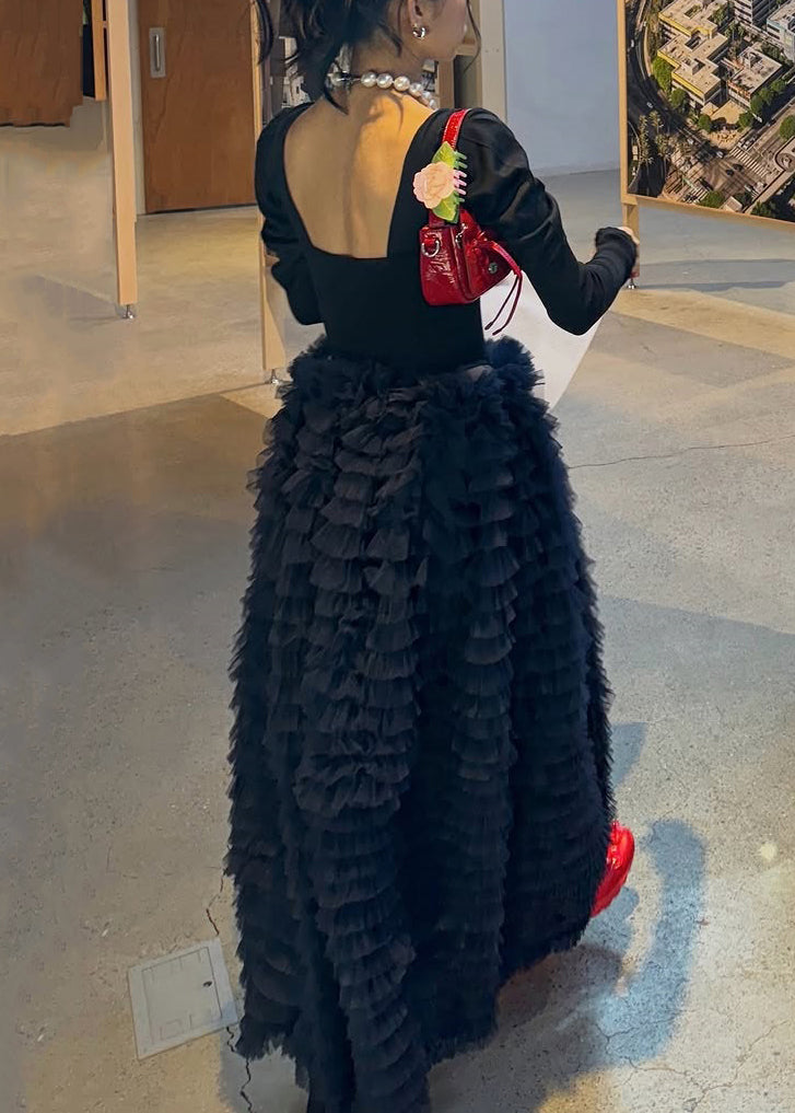 Black High Waist Solid Tulle Maxi Skirts Ruffled