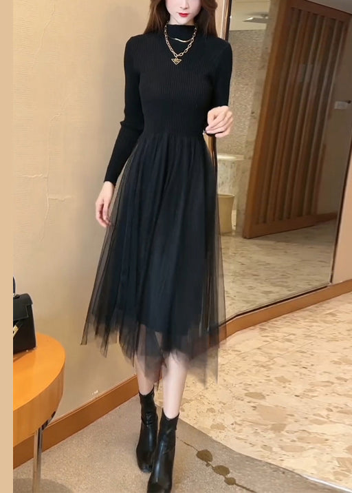 Black High Waist Tulle Patchwork Knit Long Sweater O Neck Winter
