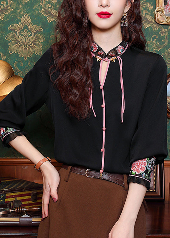 Black Hollow Out Button Silk Shirt Long Sleeve