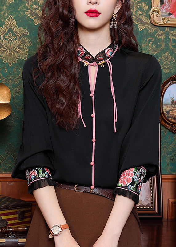 Black Hollow Out Button Silk Shirt Long Sleeve