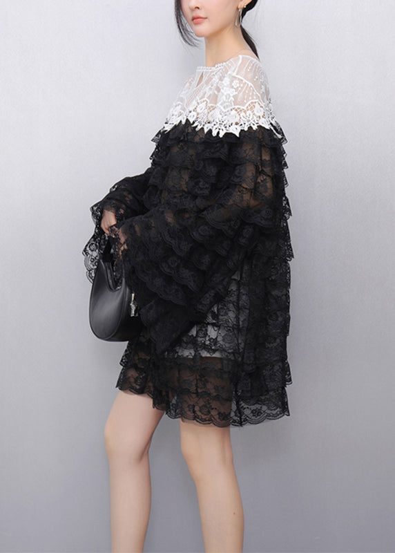 Black Hollow Out Knit Lace T Shirt Flare Sleeve