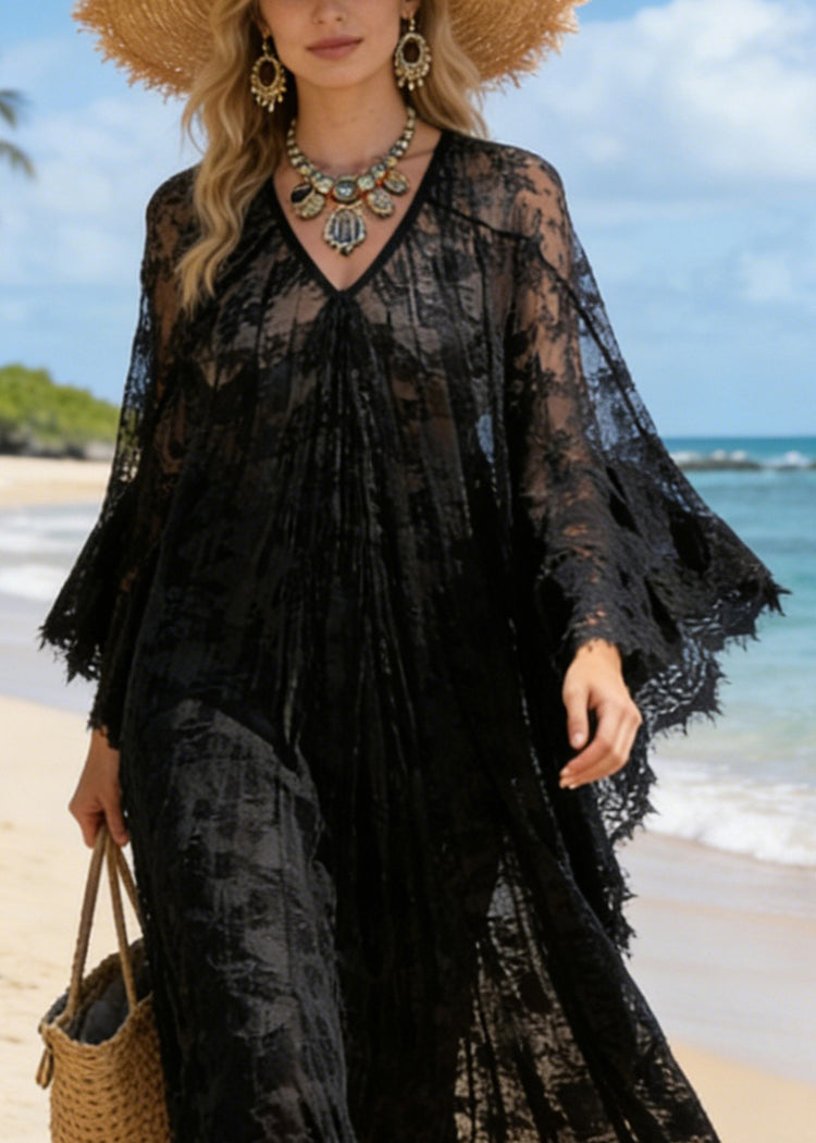 Black Hollow Out Loose Lace Maxi Dresses V Neck Summer - Omychic