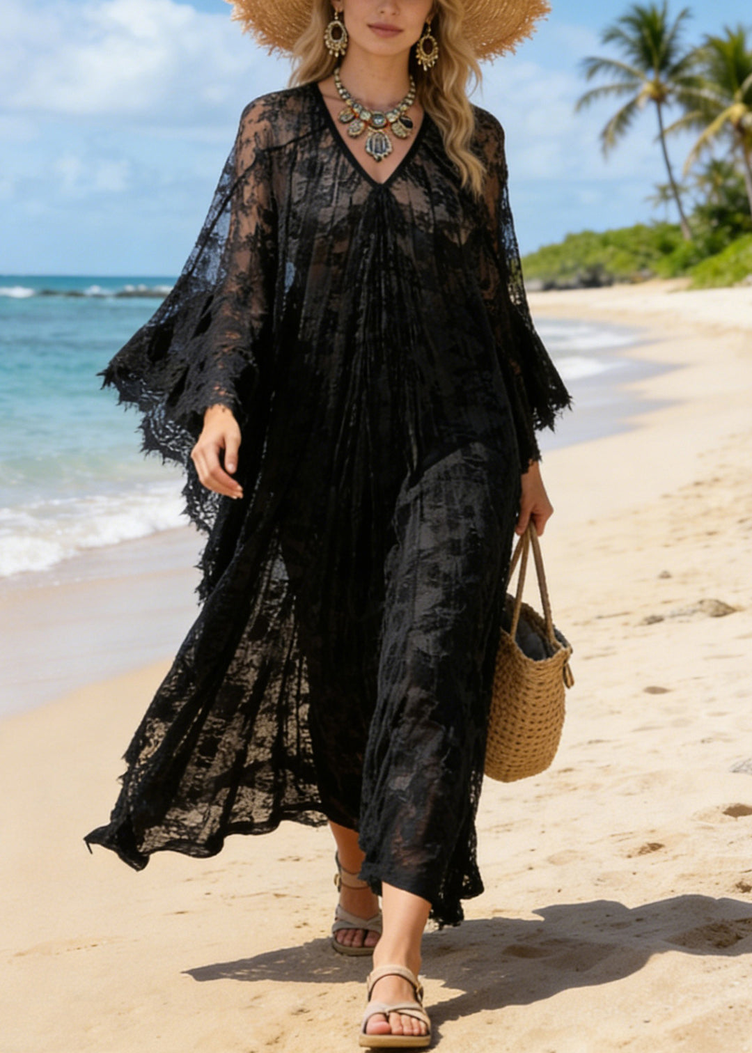 Black Hollow Out Loose Lace Maxi Dresses V Neck Summer - Omychic