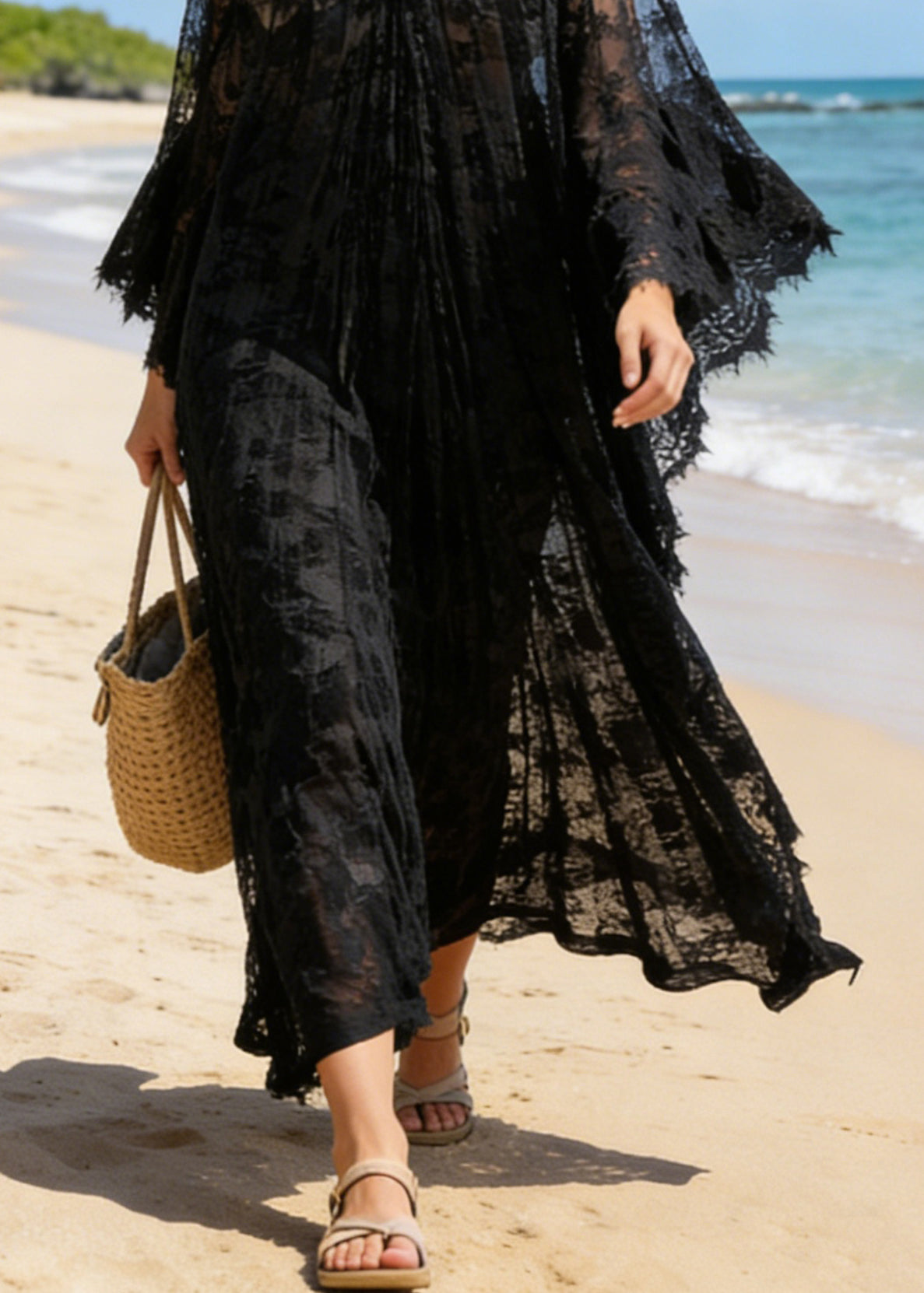 Black Hollow Out Loose Lace Maxi Dresses V Neck Summer - Omychic