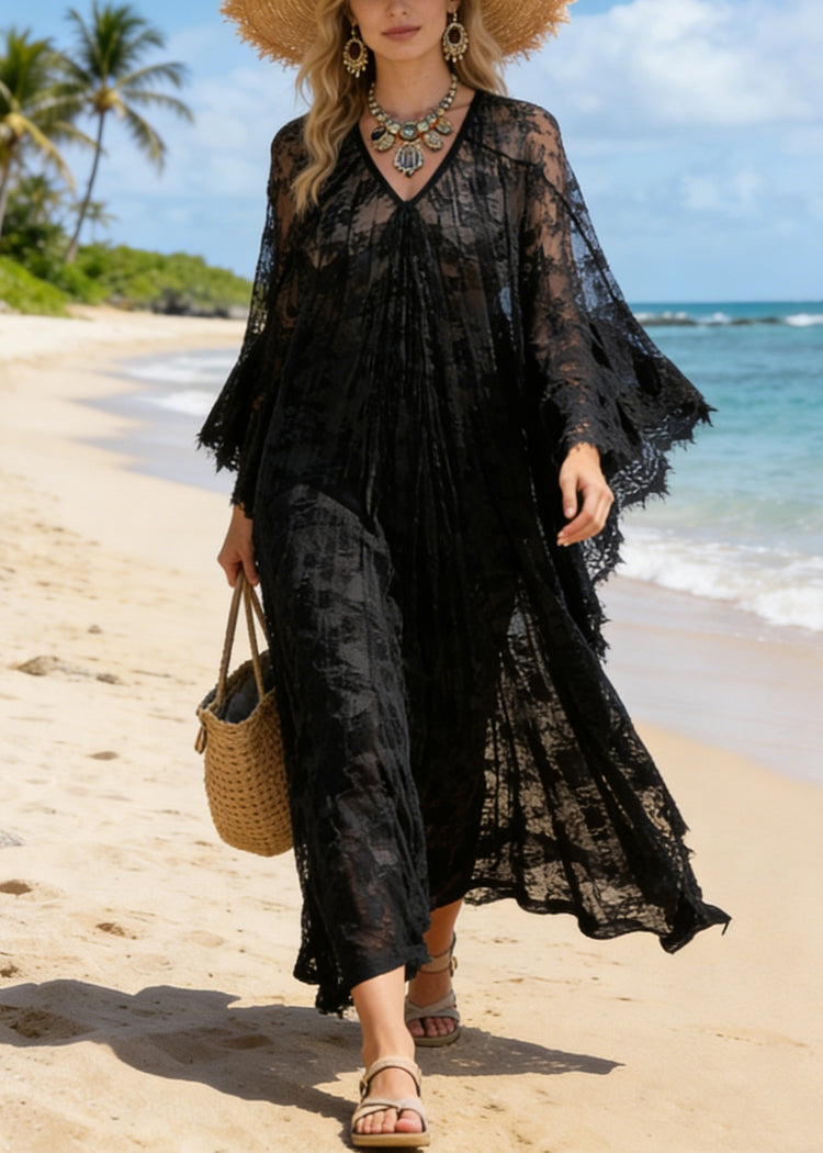 Black Hollow Out Loose Lace Maxi Dresses V Neck Summer - Omychic