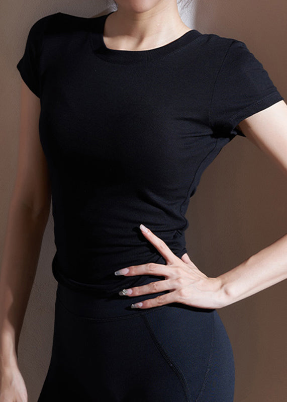 Black Hollow Out Solid Modal Cotton Yoga T Shirts