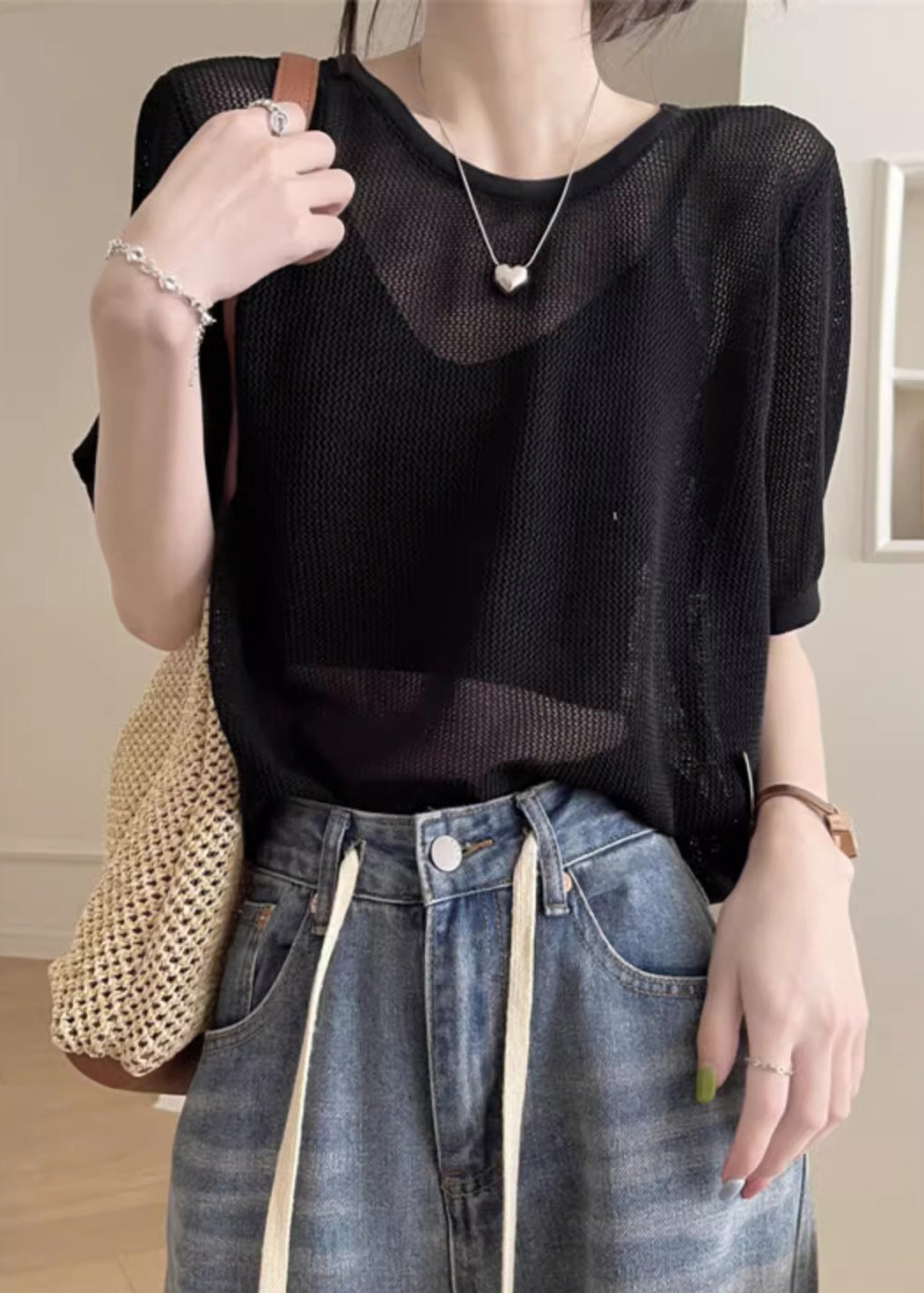 Black Hollow Out Solid Summer Knit T Shirts O Neck