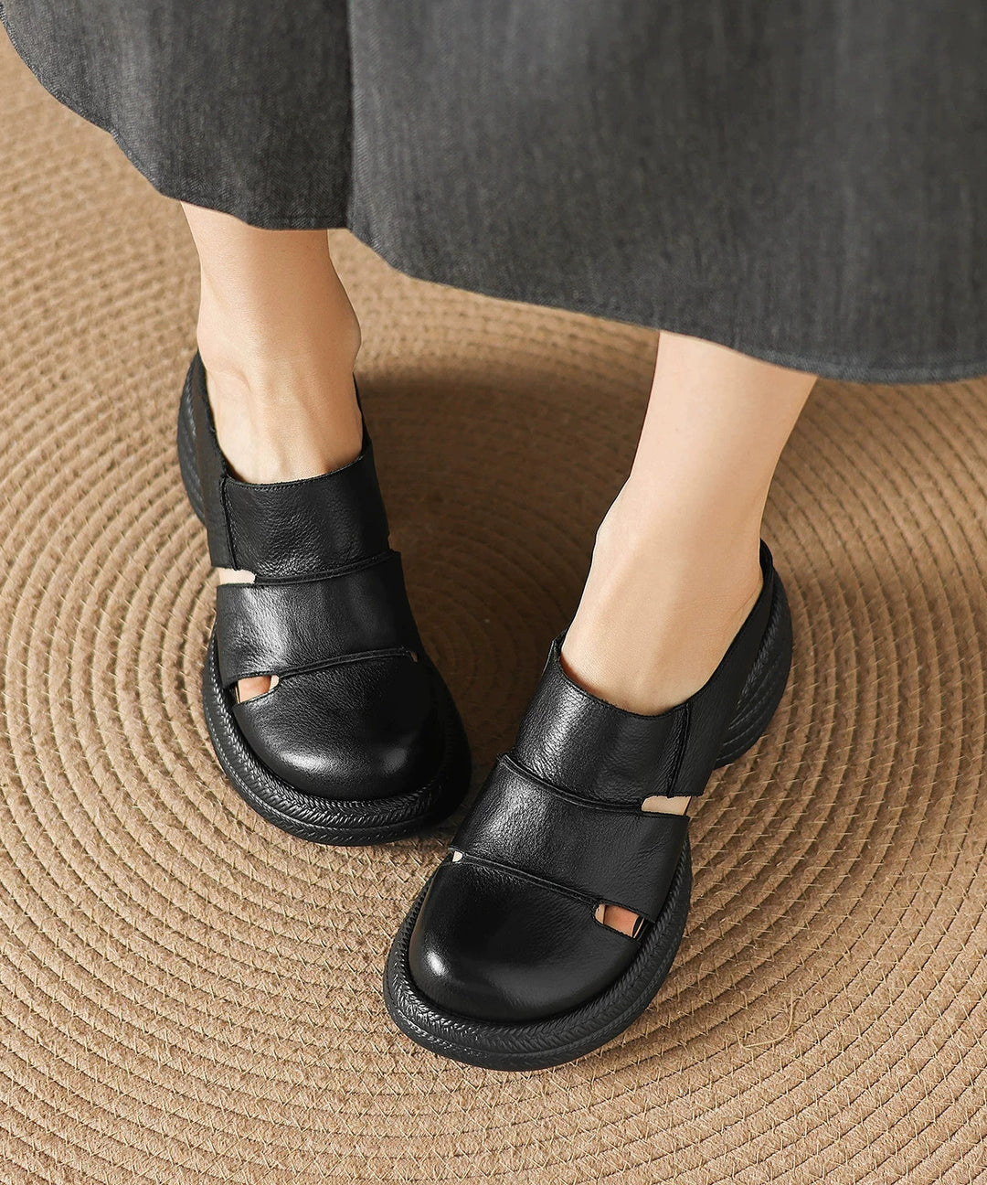 Black Hollow Out Splicing Cowhide Leather Chunky Heel Slide Sandals