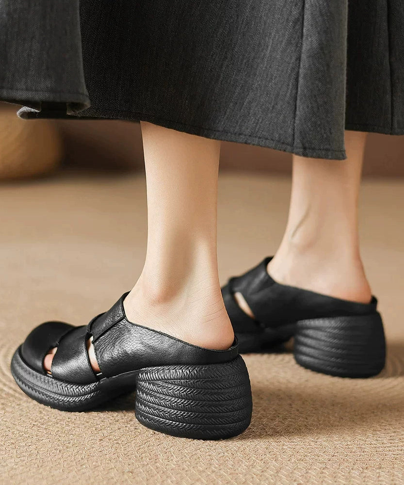 Black Hollow Out Splicing Cowhide Leather Chunky Heel Slide Sandals