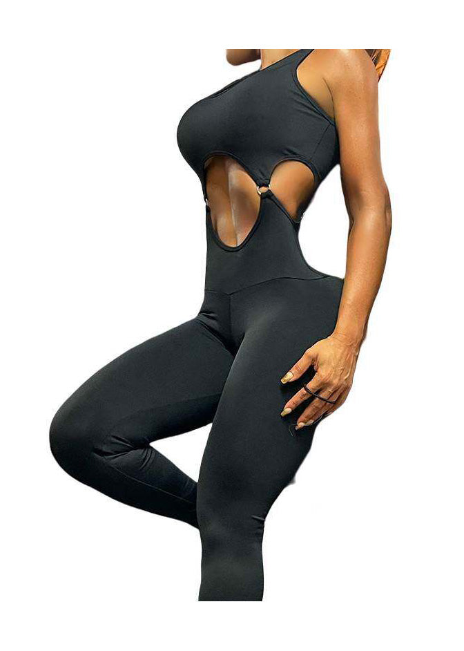 Black Hollow Out Tight Fitting High Elasticity One-Piece Yoga Suit