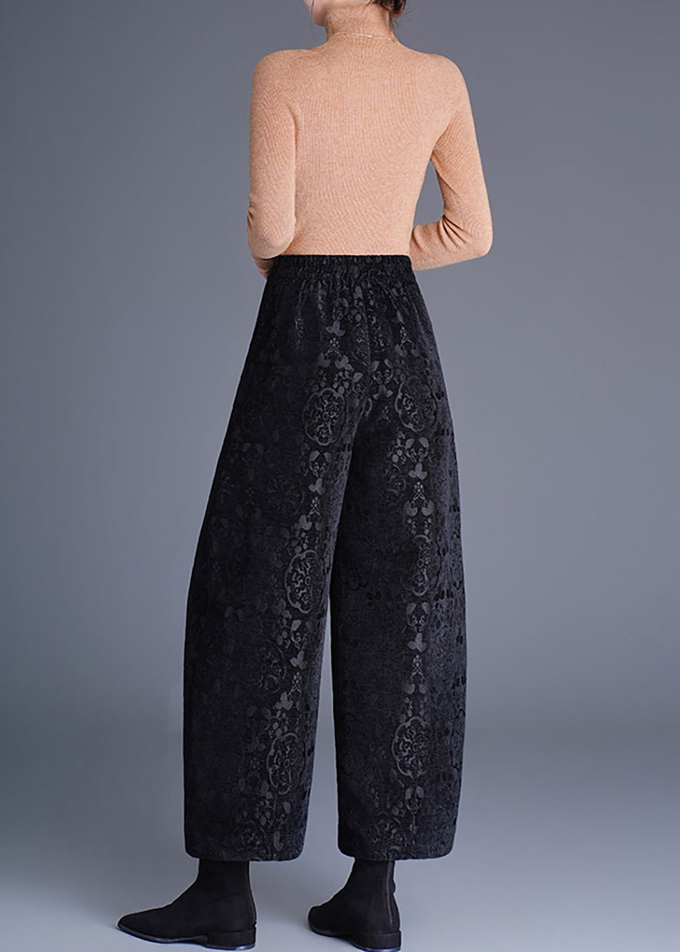 Black Jacquard Pockets Wide Leg Crop Pants High Waist Fall