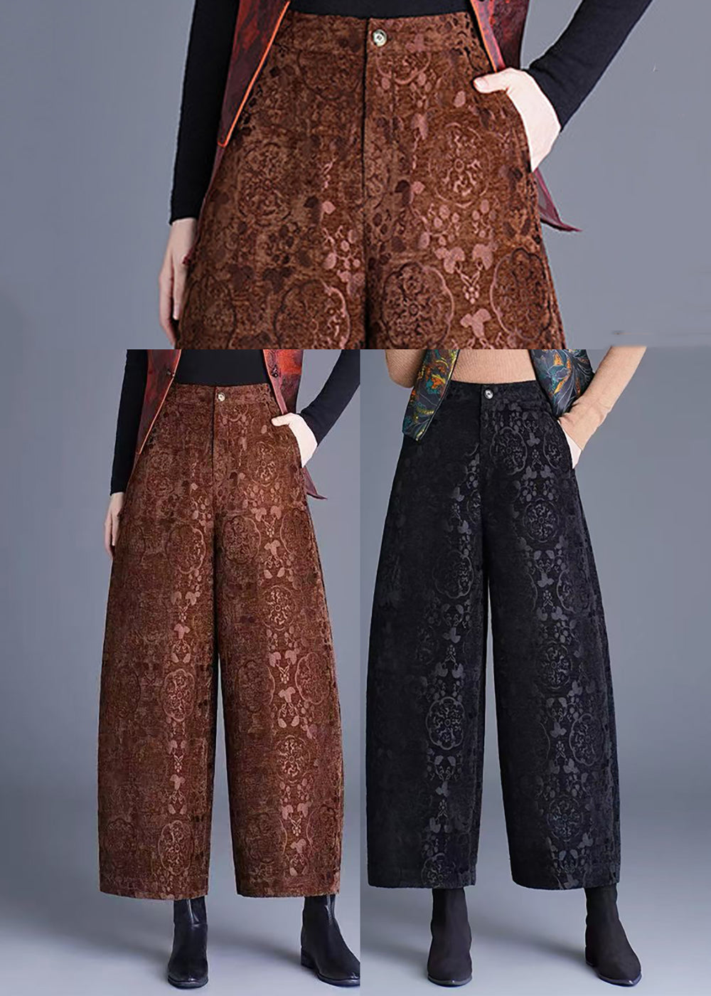Black Jacquard Pockets Wide Leg Crop Pants High Waist Fall