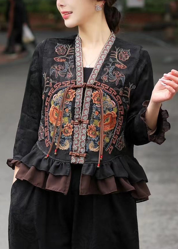 Black Jacquard Silk Shirts Embroidered Ruffles Bracelet Sleeve