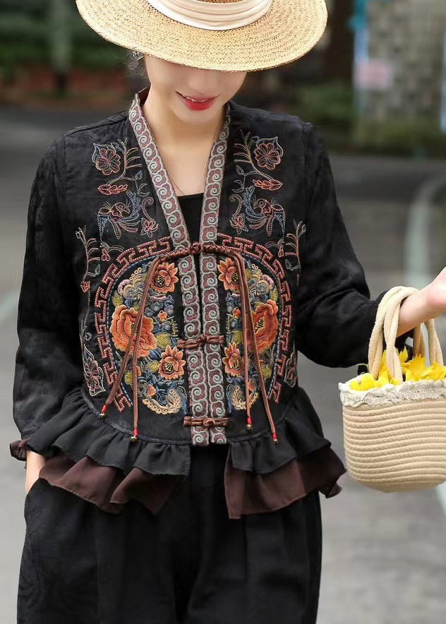 Black Jacquard Silk Shirts Embroidered Ruffles Bracelet Sleeve