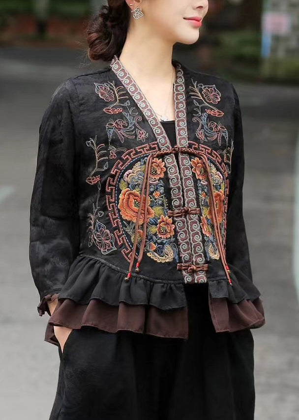 Black Jacquard Silk Shirts Embroidered Ruffles Bracelet Sleeve