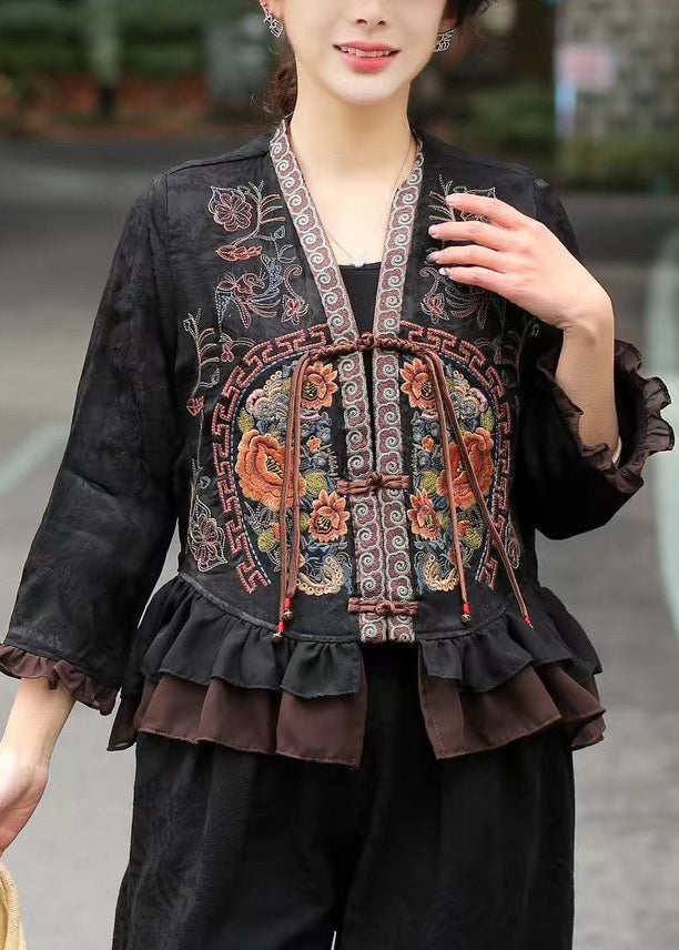 Black Jacquard Silk Shirts Embroidered Ruffles Bracelet Sleeve