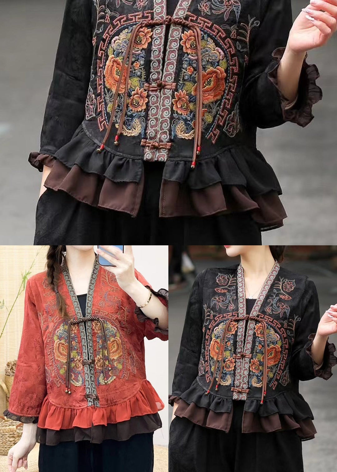 Black Jacquard Silk Shirts Embroidered Ruffles Bracelet Sleeve