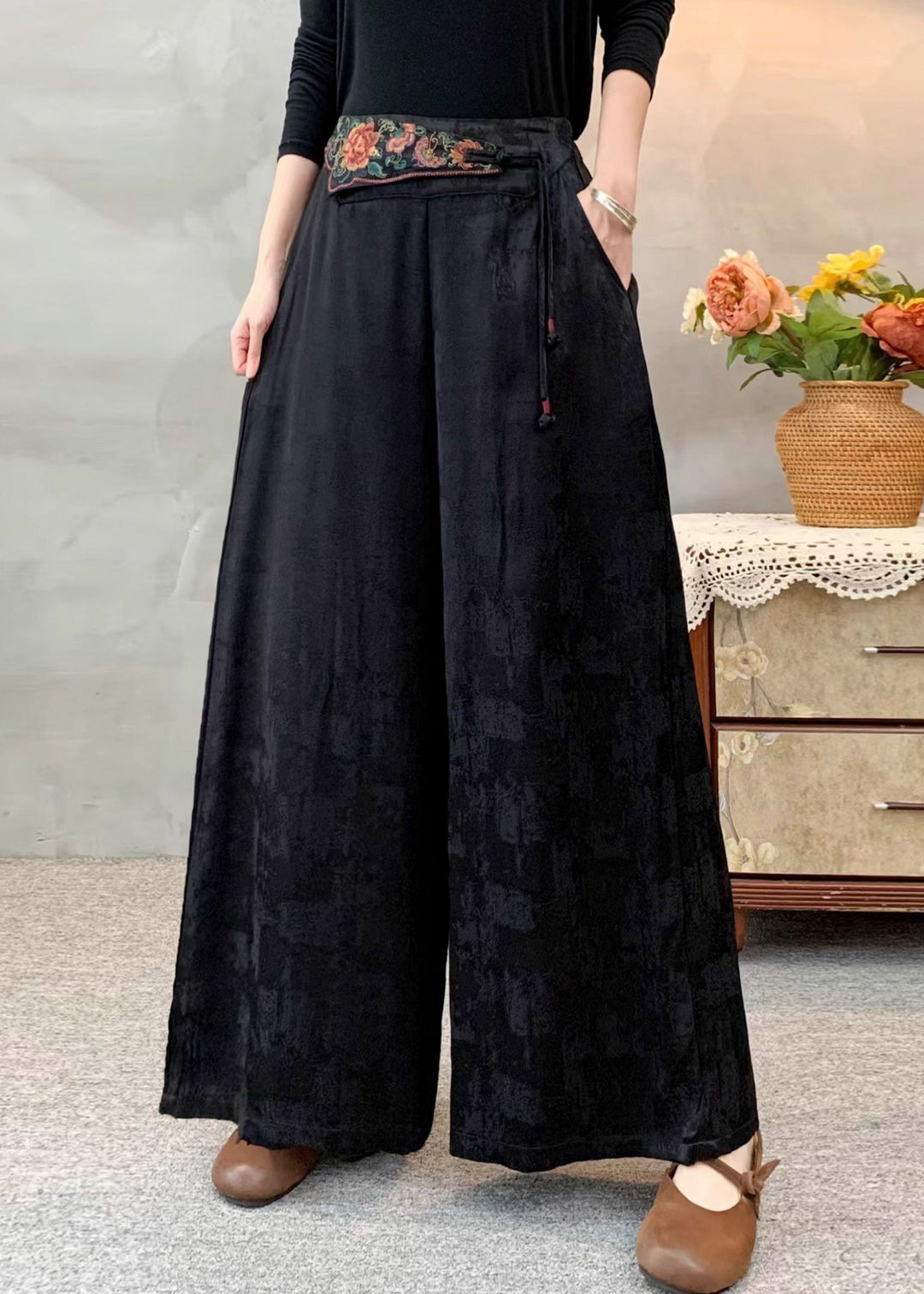 Black Jacquard Silk Straight Pants Embroidered Spring