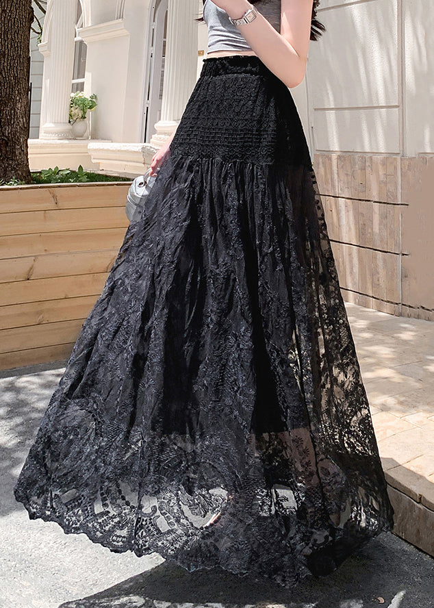 Black Lace Hollow Out Summer Tulle Skirts Elastic Waist