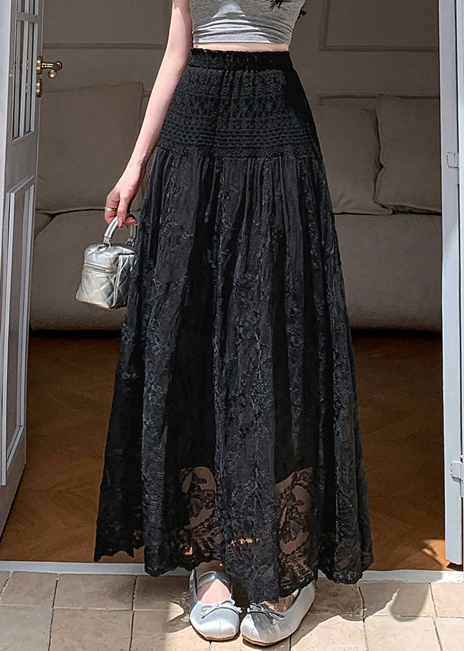 Black Lace Hollow Out Summer Tulle Skirts Elastic Waist