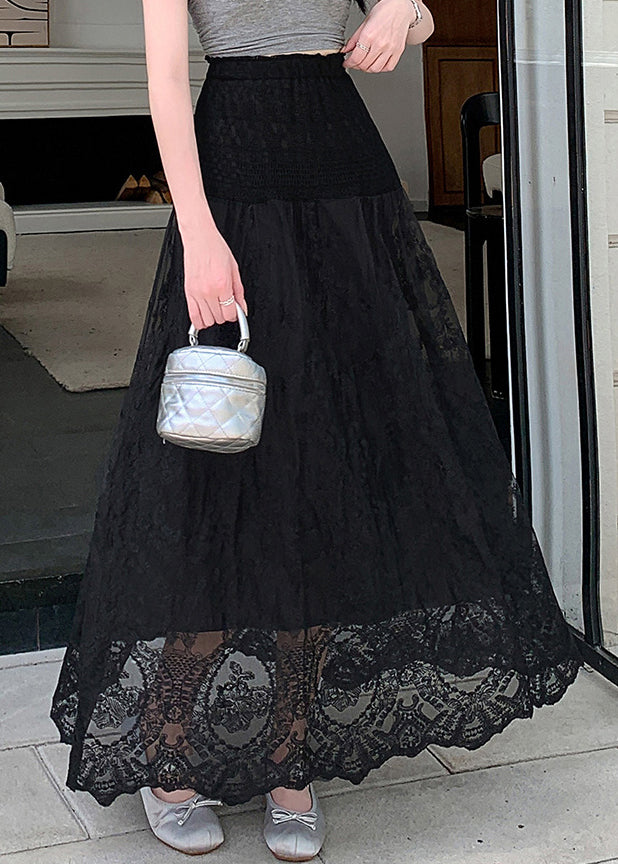 Black Lace Hollow Out Summer Tulle Skirts Elastic Waist