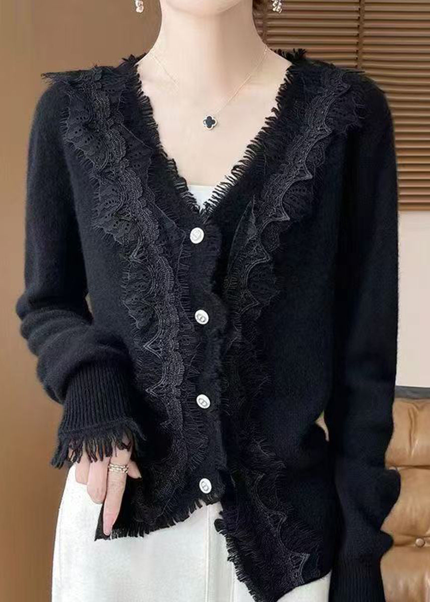 Black Lace Patchwork Knit Cardigan V Neck Long Sleeve