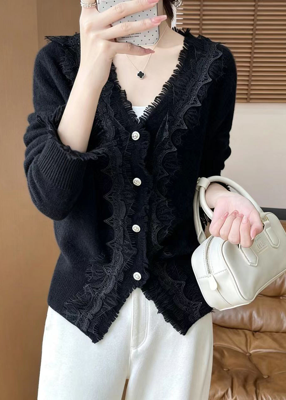 Black Lace Patchwork Knit Cardigan V Neck Long Sleeve
