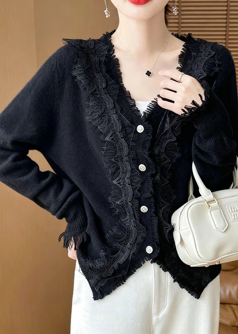 Black Lace Patchwork Knit Cardigan V Neck Long Sleeve