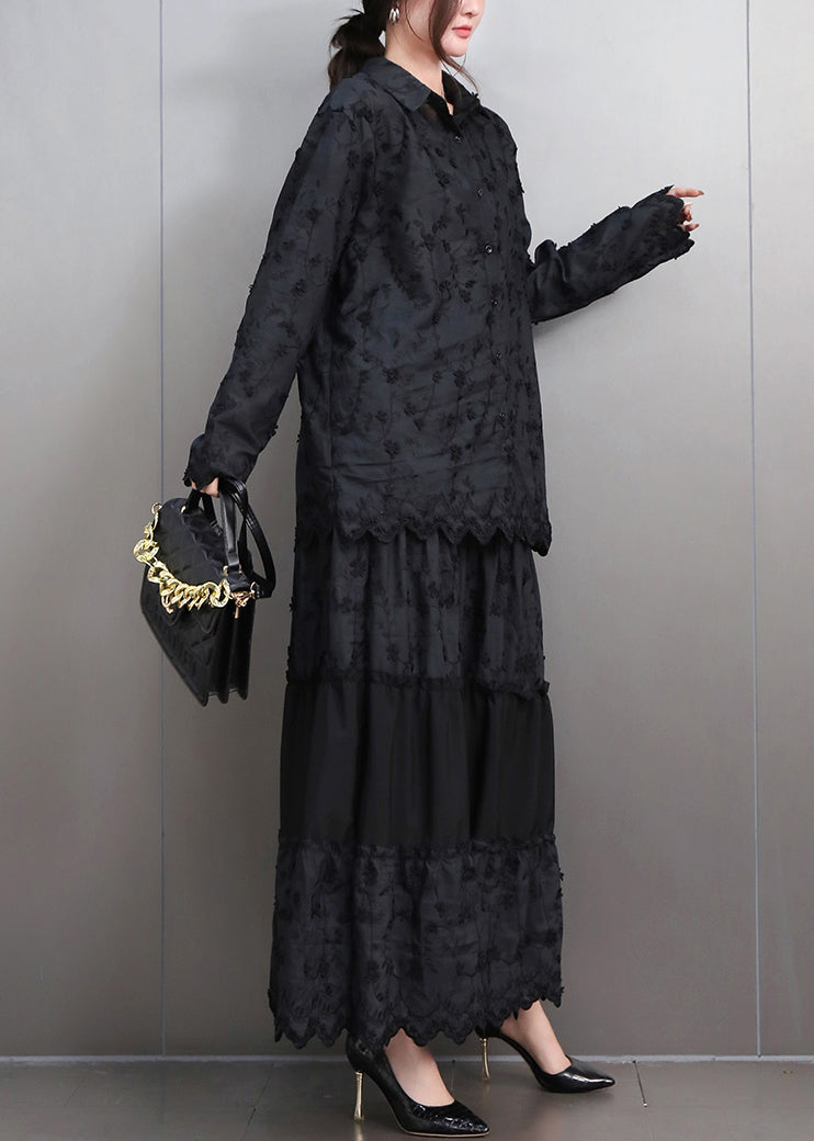 Black Lace Top And Maxi Skirts Two Pieces Set Peter Pan Collar Fall