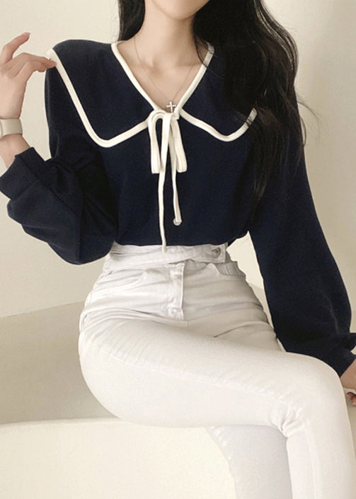 Black Lace Up Cotton Fall Shirt Peter Pan Collar