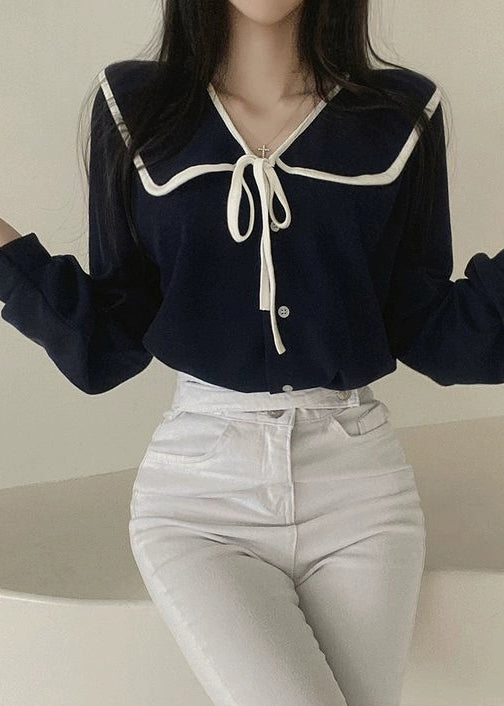 Black Lace Up Cotton Fall Shirt Peter Pan Collar