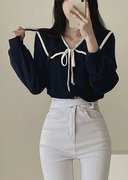 Black Lace Up Cotton Fall Shirt Peter Pan Collar