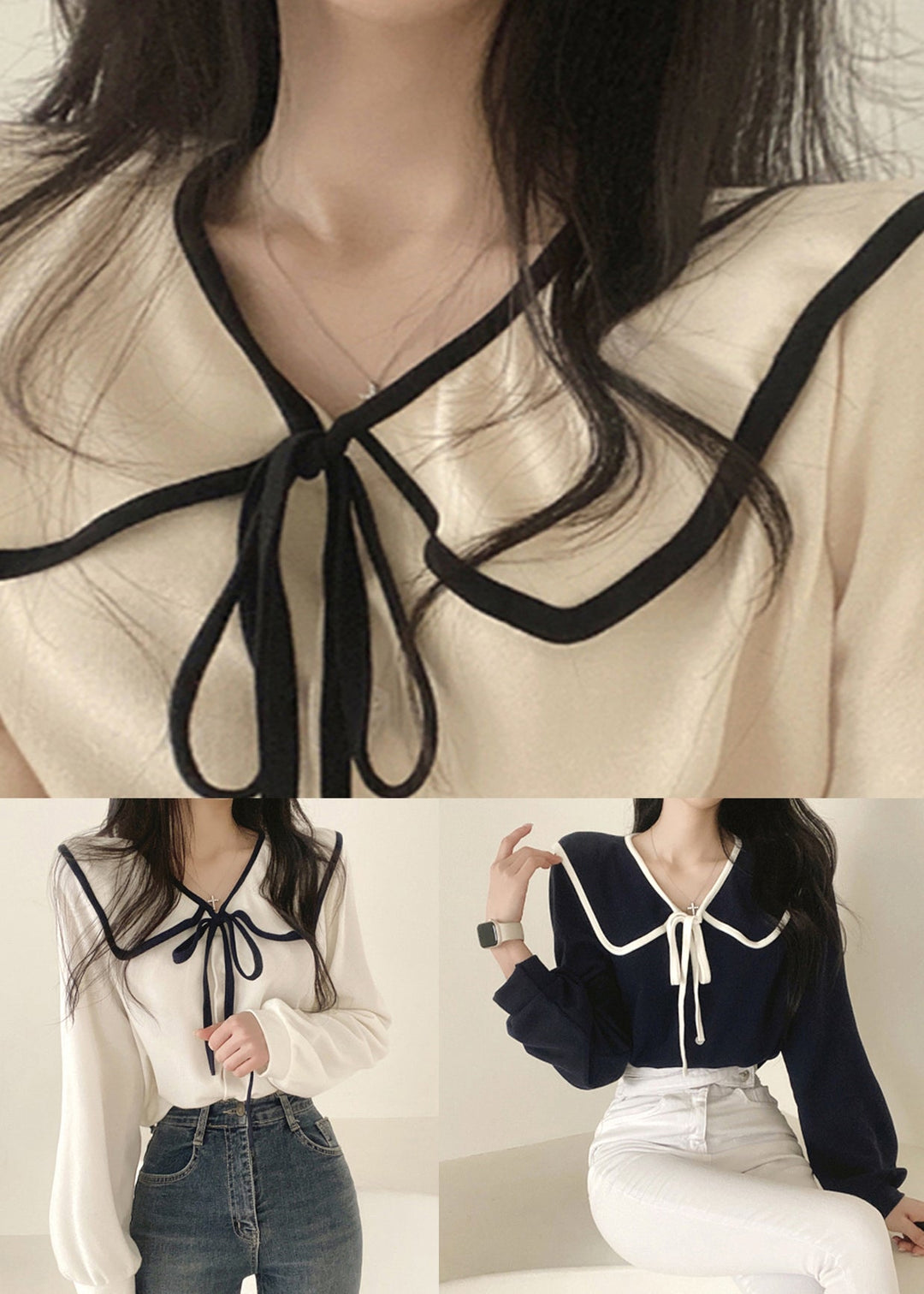 Black Lace Up Cotton Fall Shirt Peter Pan Collar