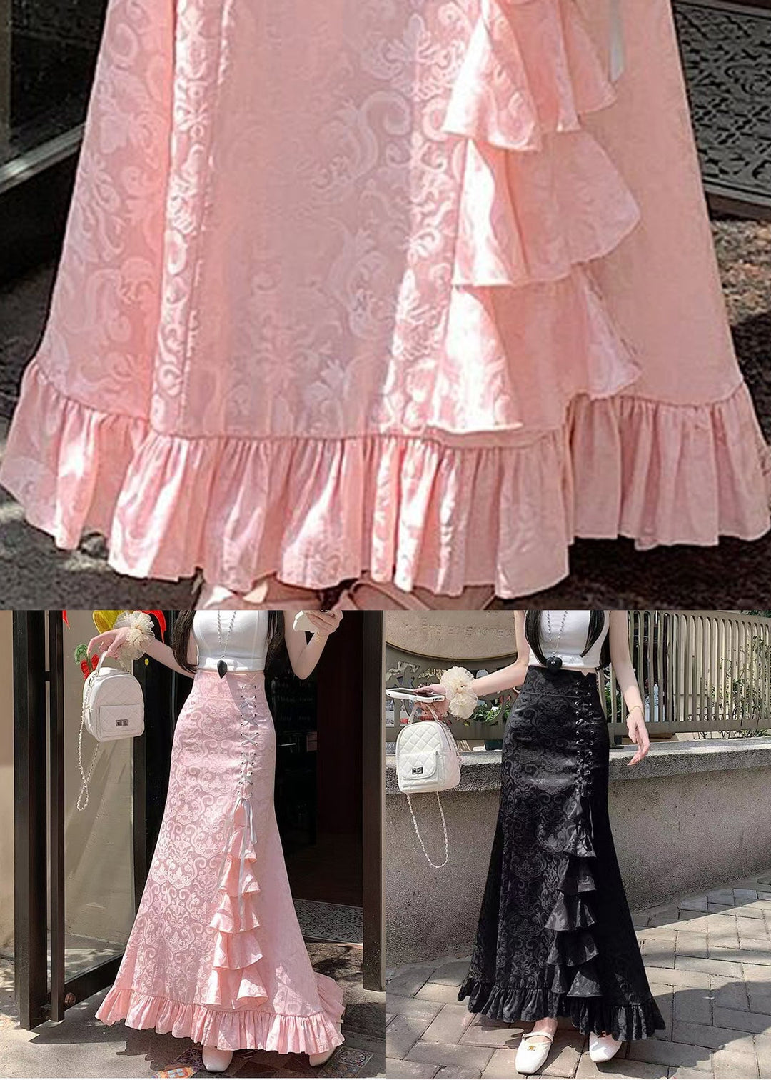 Black Lace Up Cotton Fishtail Skirts High Waist