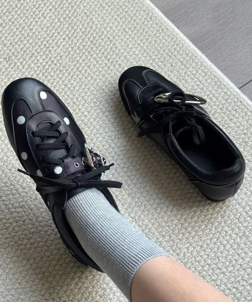 Black Lace Up Dot And Sequined Splicing Flat Feet Shoes