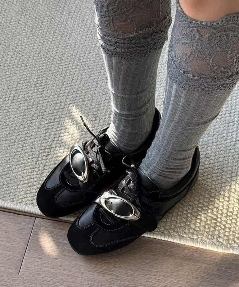 Black Lace Up Dot And Sequined Splicing Flat Feet Shoes