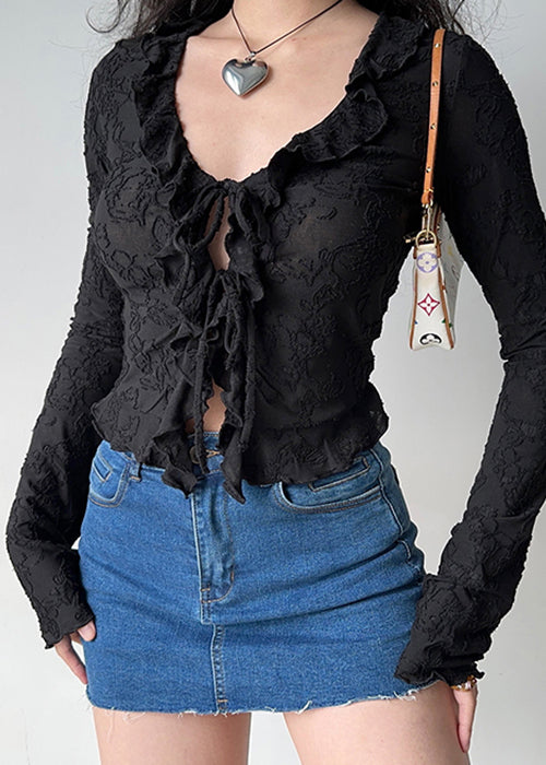 Black Lace Up Jacquard Cotton Fall Shirt Ruffled