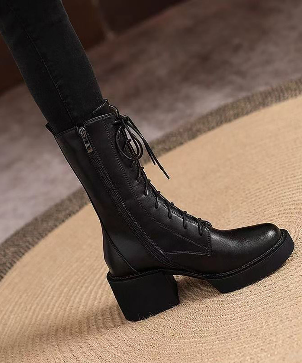 Black Lace Up Platform Cowhide Leather Chunky Mid Calf Boots