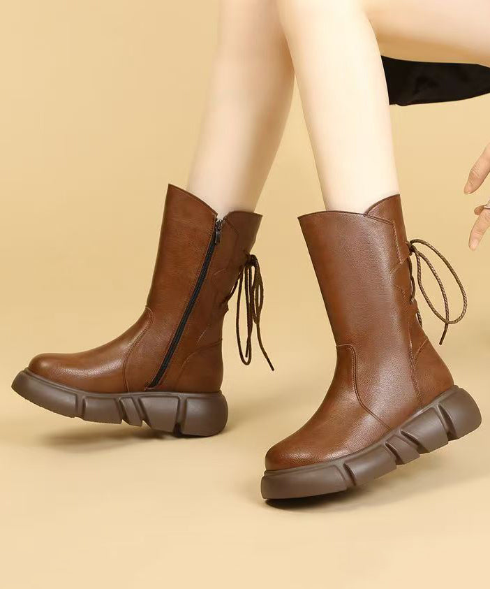 Black Lace Up Splicing Cowhide Leather Platform Boots