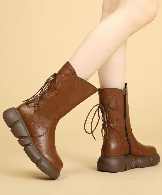 Black Lace Up Splicing Cowhide Leather Platform Boots