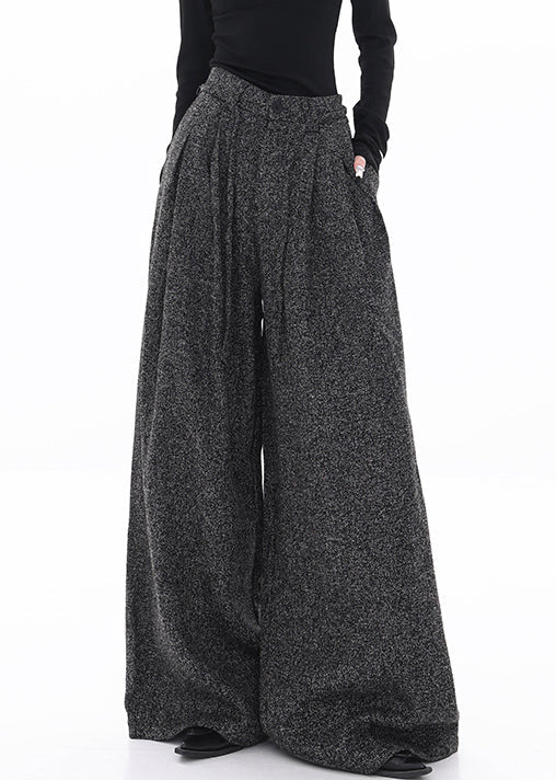 Black Lace Up Woolen Fall Wide Leg Pants High Waist