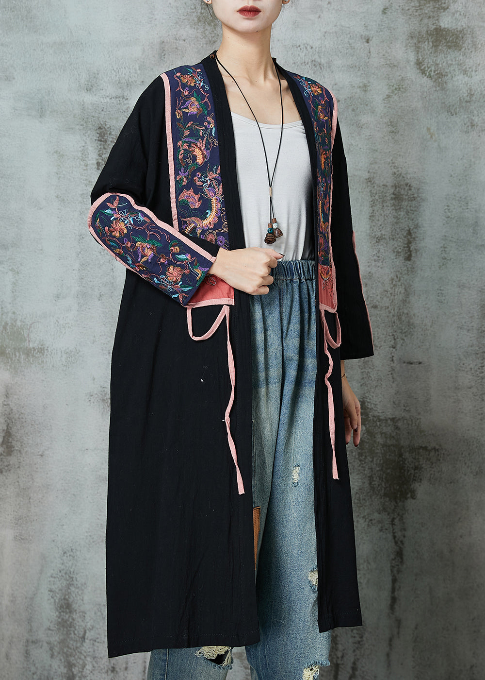 Black Linen Cardigans Embroidered Lace Up Spring