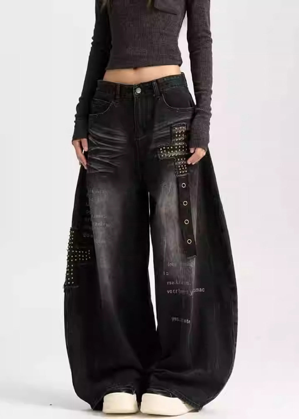 Black Loose Warm Fleece Denim Wide Leg Pants Letter Rivet Winter