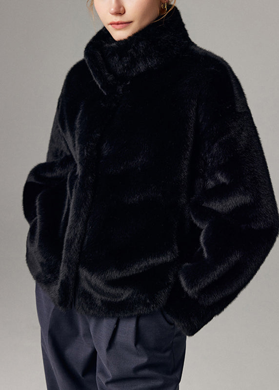 Black Mink Velvet Thick Coat Pockets Winter