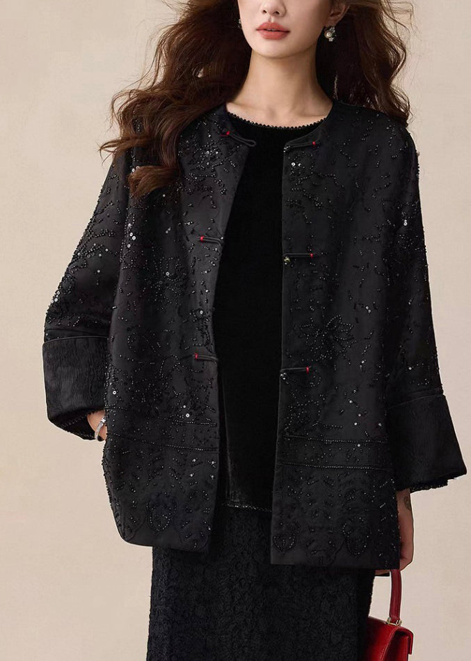 Black O-Neck Button Coat Embroidered Winter