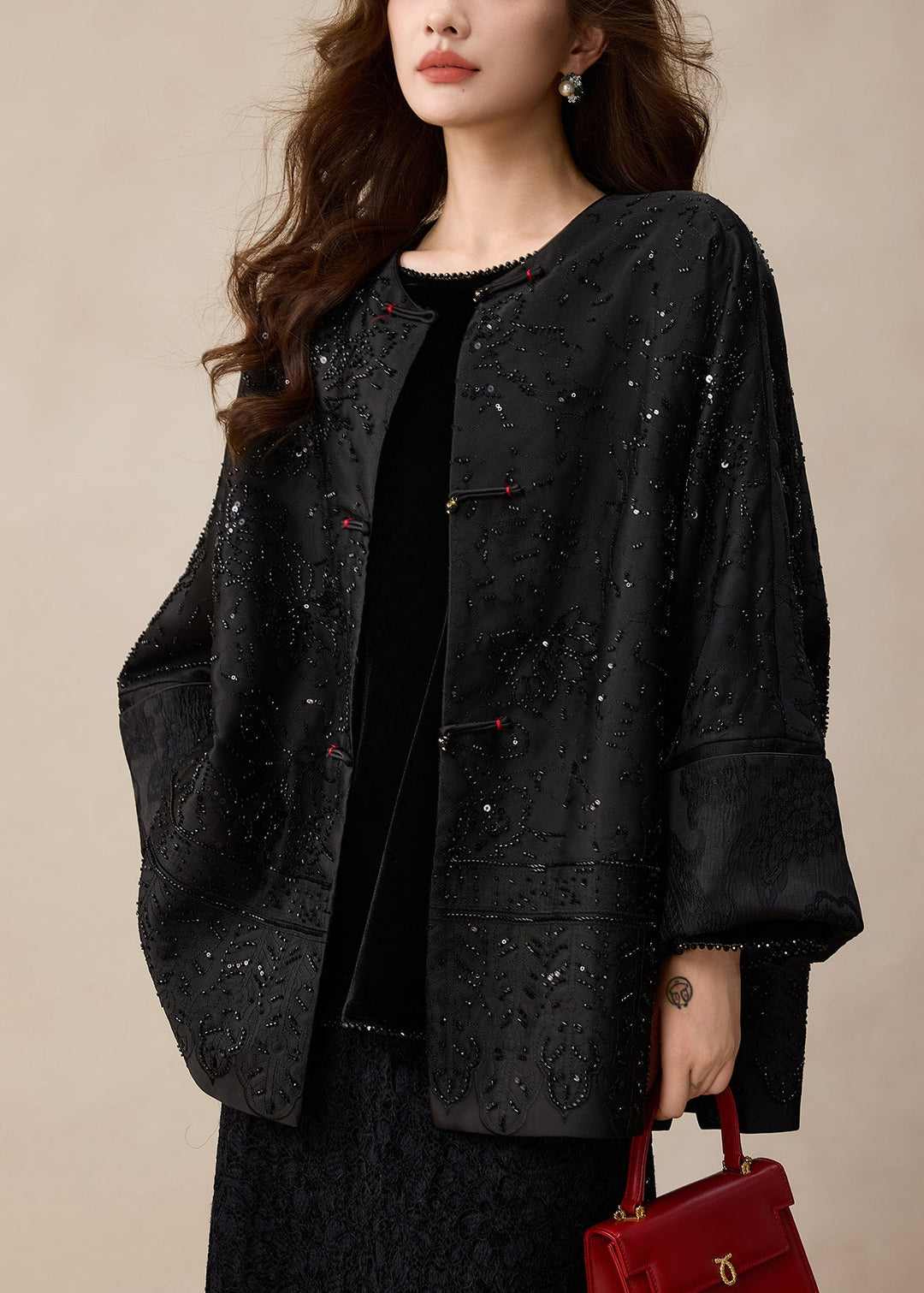 Black O-Neck Button Coat Embroidered Winter