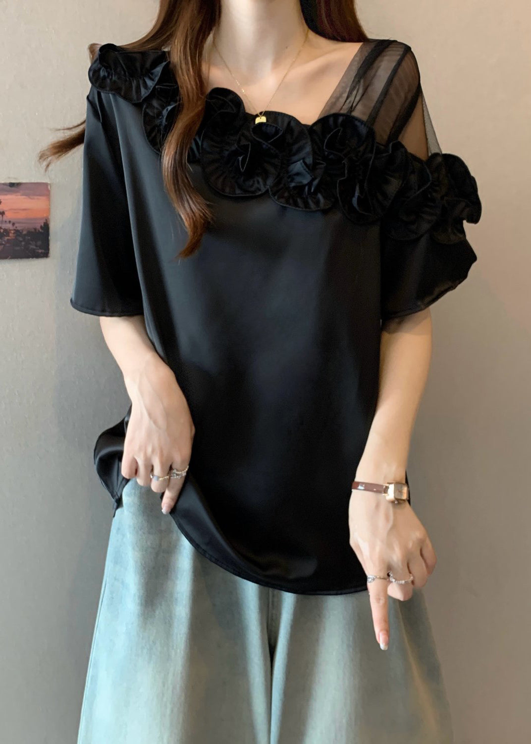 Black One Shoulder Shirt Ruffled Summer