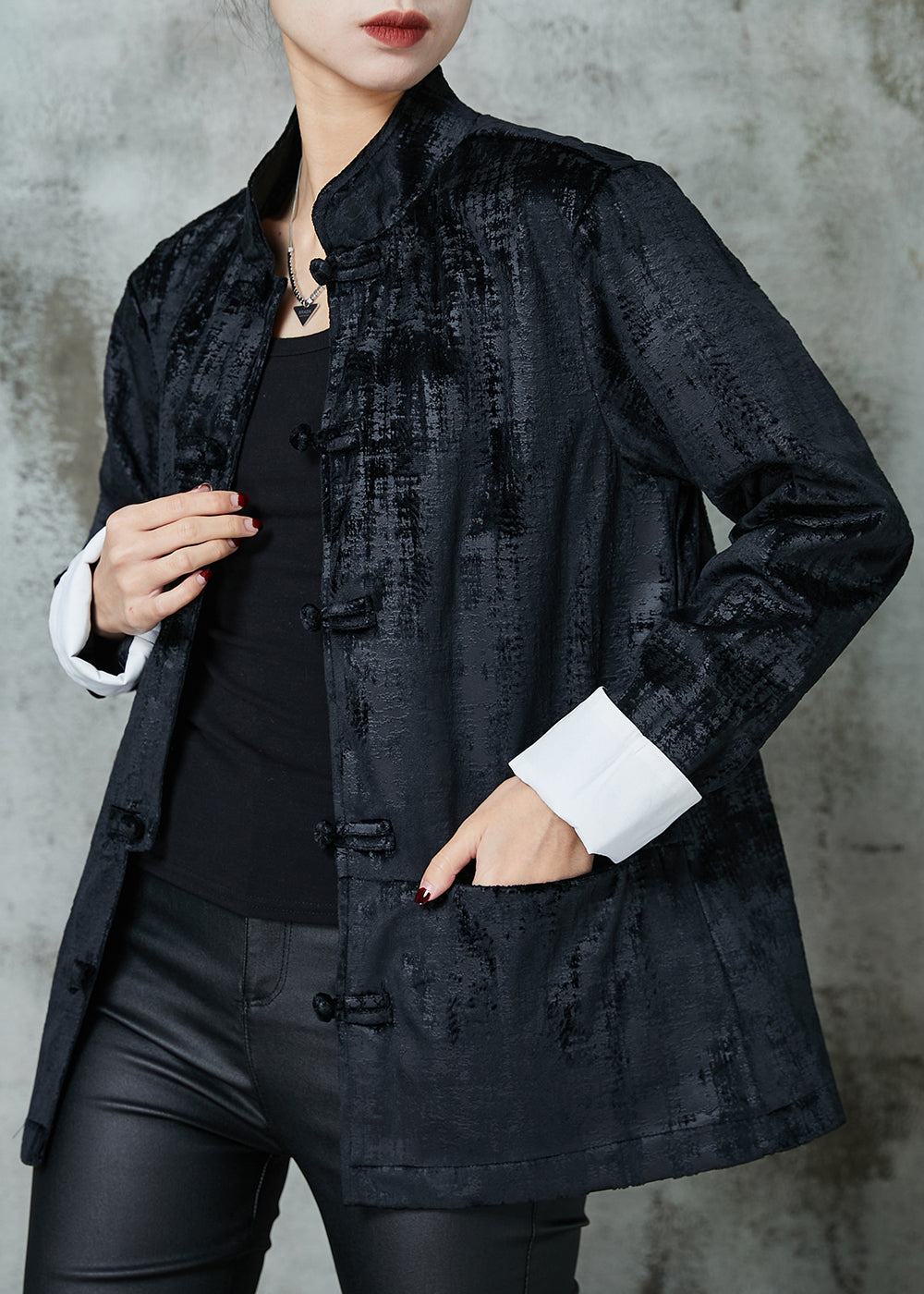 Black Oriental Cotton Jackets Mandarin Collar Pockets Spring